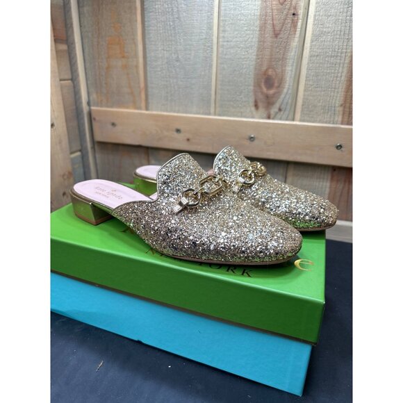 Kate Spade Glendi Gold Glitter Mules 8.5M Chain Detail Slip-On Shoes - Picture 3 of 7